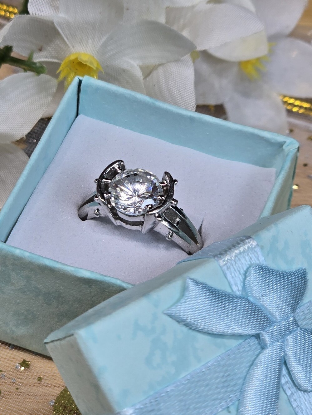 Silver-Tone Solitaire Halo Ring with Clear Stone - Women's Jewelry